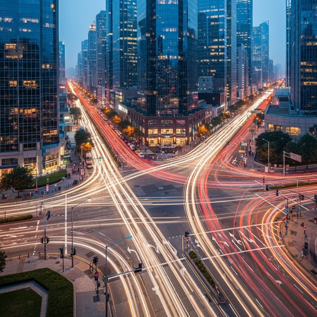 Elevated perspective view of a busy city street intersection at dusk with long light trails from vehicles, buildings rising on both sides, atmospheric urban haze and complex layered soundscape implied by visual density