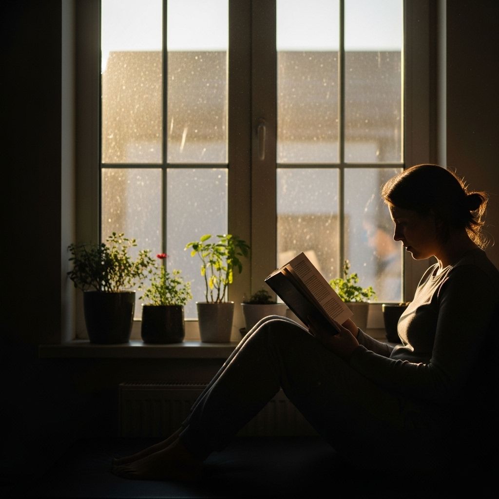 Serene interior scene of a person sitting quietly by a large window reading a book, warm morning light streaming through glass, minimal background, calm atmosphere conveying stillness and routine