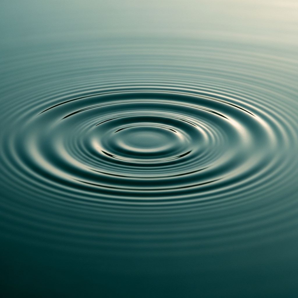 Abstract close-up of calm water surface with concentric ripple patterns representing sound wave propagation, soft natural light, dark teal tones