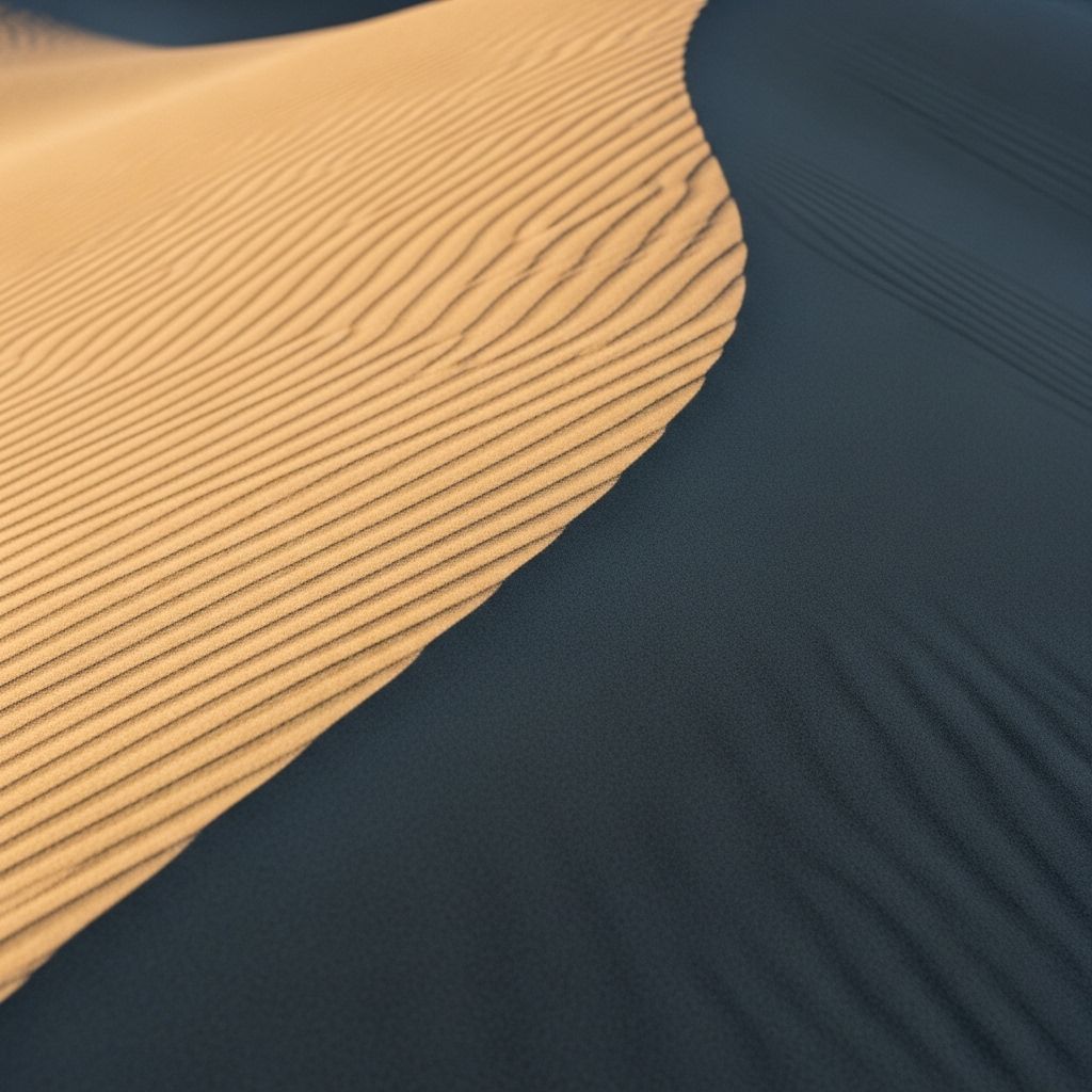 Abstract close-up photograph of smooth sand dunes with gentle curved ridges and deep shadow valleys, creating a natural waveform-like pattern suggesting sound frequency and amplitude in physical form